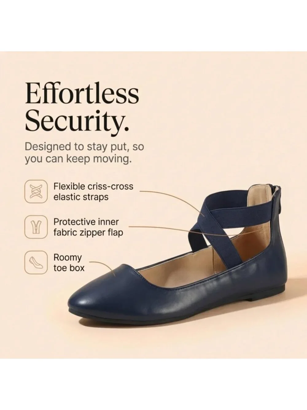 Women's Navy Blue Foam Cushioned Closed Toe Criss Cross Elastic Strap Flat Shoes